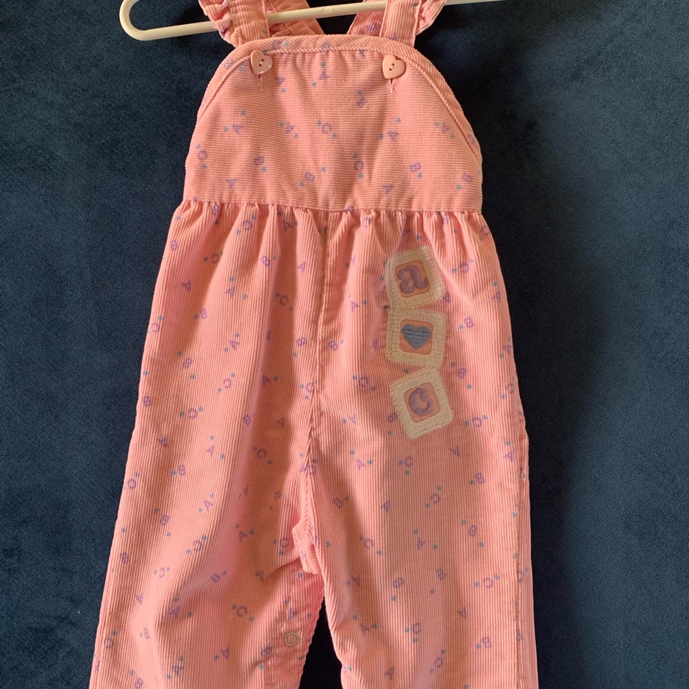 Vintage PERFECT Healthtex Girl's Pink Print Corduroy Ruffled Bib Overalls 12M